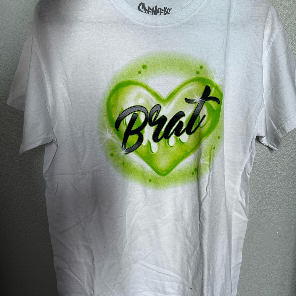 White Graphic Tee with Neon Green Heart "Brat" Script